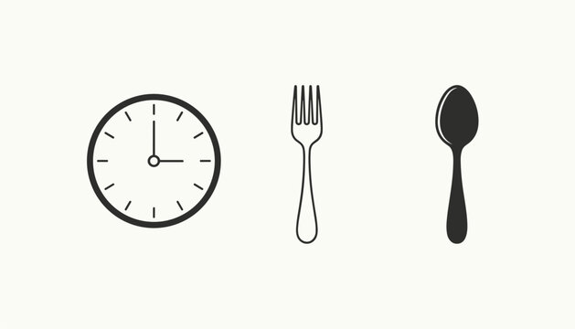 Meal time icon featuring a minimalist clock, fork, and spoon representing schedule, diet, or intermittent fasting.