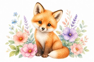 Fototapeta premium Young fox sitting among watercolor floral arrangement