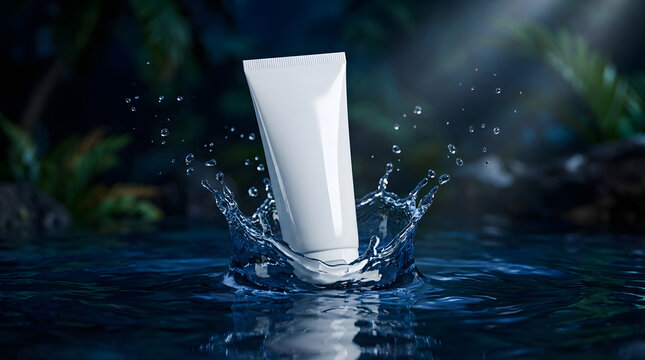 White cosmetic tube stands amid a water splash on a dark blue reflective surface, with scattered droplets and blurred tropical foliage behind the blank packaging under directional lighting