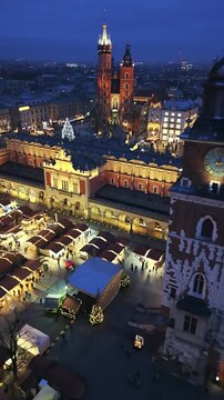 Aerial View of Krakow Christmas Market, Town Hall Tower at Night