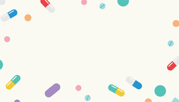 Pattern of various colorful medical pills and capsules scattered on a cream background representing healthcare and medicine.