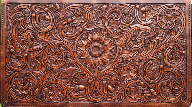 Brown leather surface with intricate hand-tooled floral patterns, sunflowers, horseshoes, and oak leaves in a western cowboy style texture
