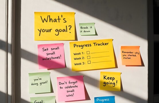 Colorful sticky notes with motivational messages and a progress tracker chart are affixed to a wall