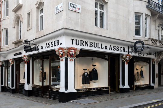 LONDON, UK - SEPTEMBER 12, 2026:  Exterior of Turnbull Asser Shirtmaker shop in Jermyn Street, St James