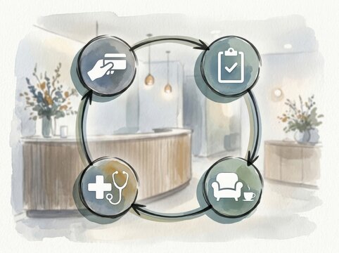 Healthcare workflow watercolor of clinic service icons and reception