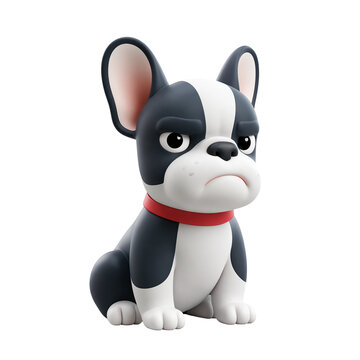 A cute 3D rendered French bulldog character with a grumpy expression sitting on white background