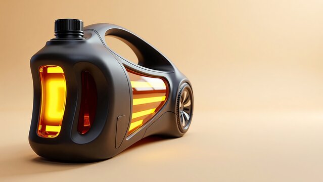 Futuristic black motor oil canister mockup with amber liquid section isolated on warm beige studio background. High-tech car lubricant plastic bottle concept with copy space for auto design.