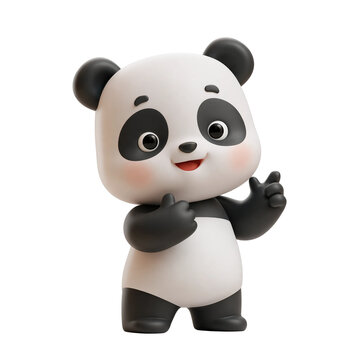A cute 3D rendered panda character standing and gesturing with a friendly and happy expression
