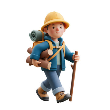3D render of a cute cartoon hiker character carrying a backpack and firewood on white background