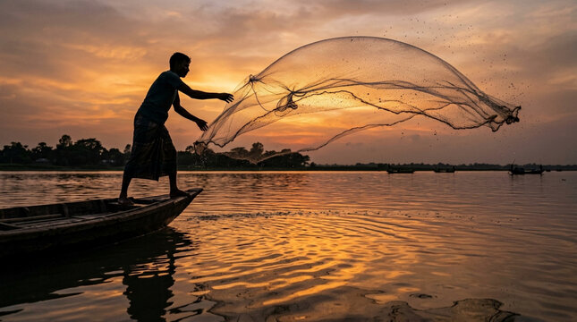 Silhouette of traditional fisherman throwing fishing net from a wooden boat on river at golden sunset