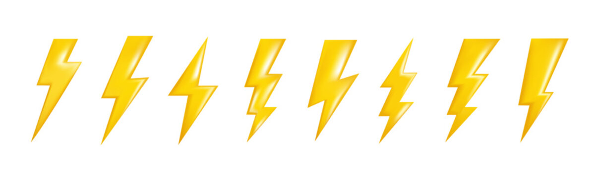 Abstract 3D yellow lightning bolt symbol set for electricity, energy, power, charging, warning, weather and technology design