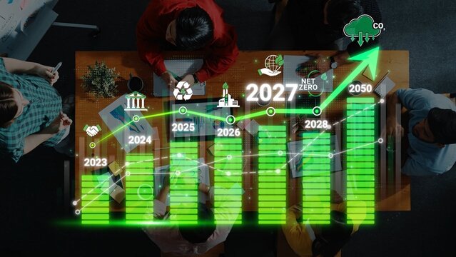 Business Meeting on Sustainability Goals with Growth Chart for Carbon Neutrality by 2050 and Milestones for 2023 to 2028 Announced in Office Setting Sigmoid