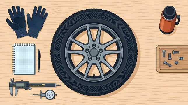 Top view of car wheel with digital caliper tread gauge and inspection tools on wooden workbench