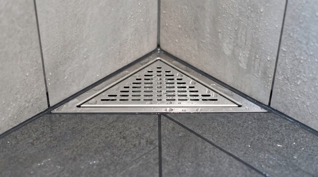 Triangular stainless steel shower drain installed in corner of wet tiled bathroom floor with water droplets