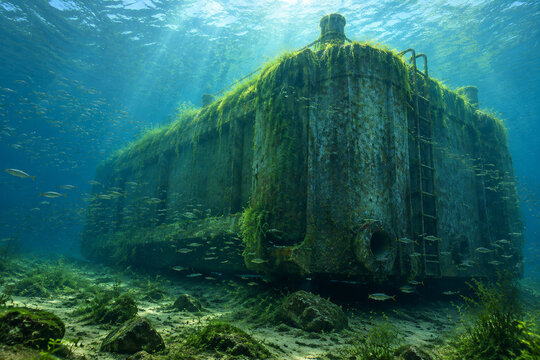 A large underwater caisson on a riverbed with fish and green moss in sunlit water.