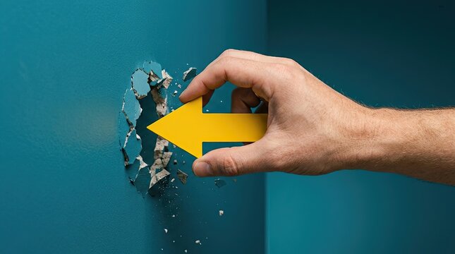 Hand holding yellow arrow through broken blue wall section with Hand inserts bright yellow directional arrow cracked painted wall surface wallplacement wallfixation wallsection structural support
