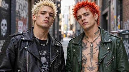Fototapeta premium Two young punk men with leather jackets and tattoos in an alleyway