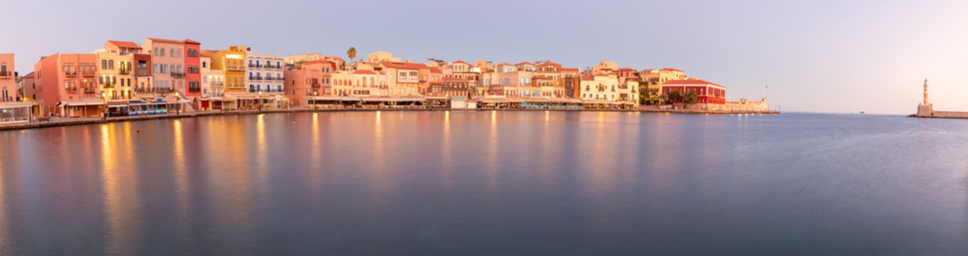 Panoramic View of Chania Venetian Harbor at Sunrise, Crete, Greece