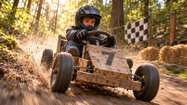 Boy driving wooden soapbox race car on dirt track in forest