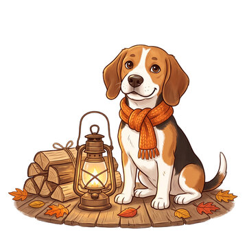 A cute cartoon beagle dog wearing an orange scarf sitting by a glowing lantern with lantern stack firewood sits wooden surface lit metal lantern