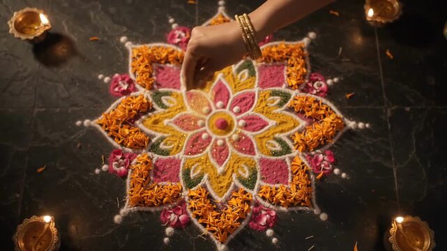 Kinetic floral rangoli creation with vibrant colors and decorative elements during Diwali celebration. Expertly crafted rangoli design features intricate patterns and rich textures