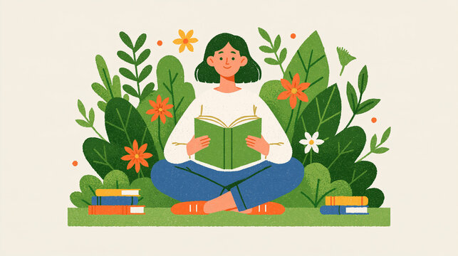 Outdoor reading concept faceless young woman figure viewed from behind relaxing and reading a book surrounded by nature calm leisure accents european figure accents bright clean minimal