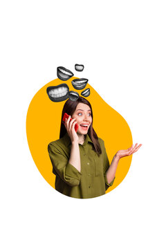 Vertical picture collage young cheerful woman speak phone call ring conversation mouth caricature psychedelic concept speak