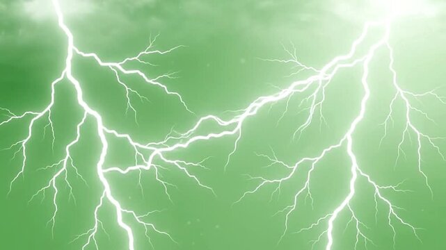 Bright lightning bolts striking across vibrant green background with shimmering particle effects captured in a high-quality digital motion video clip