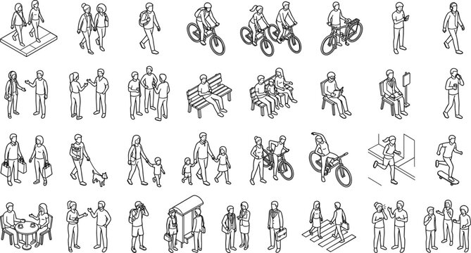Isometric public crowd pedestrian and urban city life line art vector icon set featuring 3D minimalist outline symbols of characters commuting cycling shopping and socializing