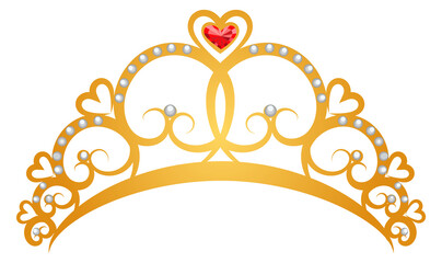 Golden tiara with heart shaped gemstone. Romantic diadem © vectortatu