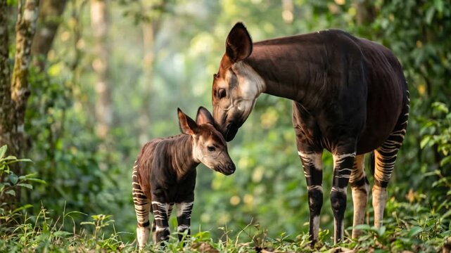 okapi with calf close up at morning light in okapi wildlife reserve democratic republic of congo video