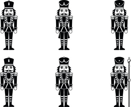 Set of six black silhouette of traditional christmas nutcracker soldiers, isolated on a white background, collection of festive dolls