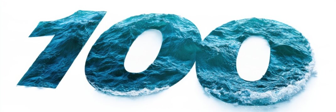 A number 100 appears created from ocean water with wave motion and white foam accents on the edges, bright coastal light surrounds it.