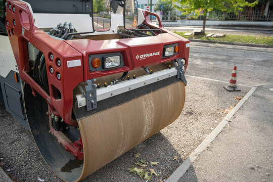 asphalt road roller compactor for urban road construction work, Turin, Italy, August 28, 2026