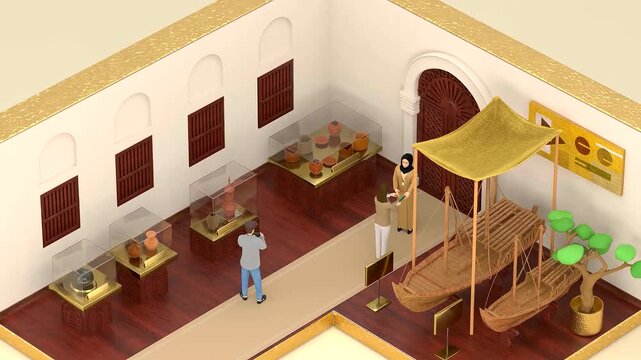 Visitors exploring historical museum artifacts with guide in this isometric digital animation footage showing cultural heritage and classic exhibition display
