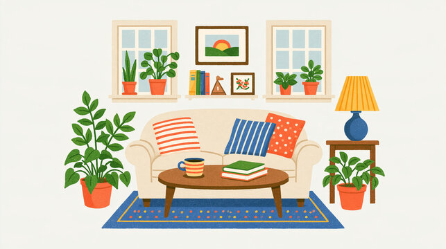 Stay home lifestyle concept cozy living room scene with sofa plants and window accents comfortable domestic setting bright clean minimal background soft pastel color palette home
