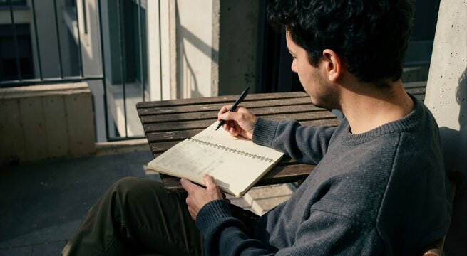 Over the shoulder view of a young man writing in a notebook on a sunny balcony. Journaling with intentionally blurred and unreadable text
