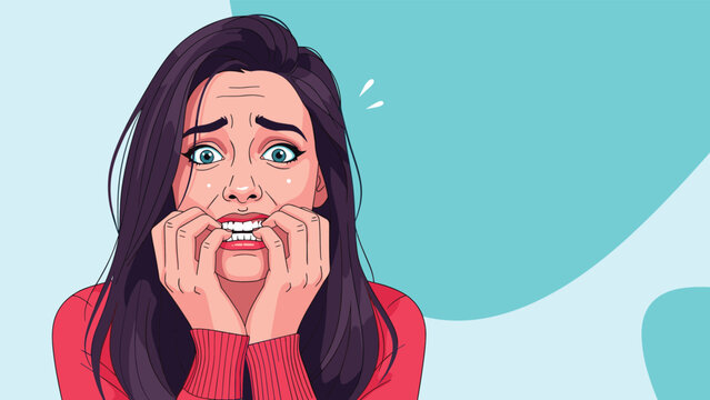 Anxious young woman biting her nails and looking fearful, expressing intense stress, worry, or a feeling of being overwhelmed.