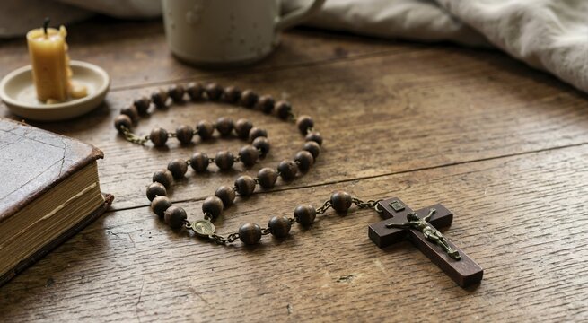 Vintage wooden rosary beads with crucifix on rustic wooden table. Christian catholic prayer beads next to old holy bible and candle
