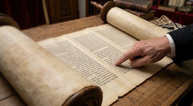 Person pointing at handwritten ancient Hebrew Torah parchment scroll. Jewish tradition, religious scripture study, and sacred text reading