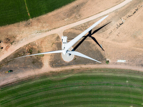 Aerial View of Wind Farm and Center-Pivot Irrigated Fields in Rural Montana, USA
