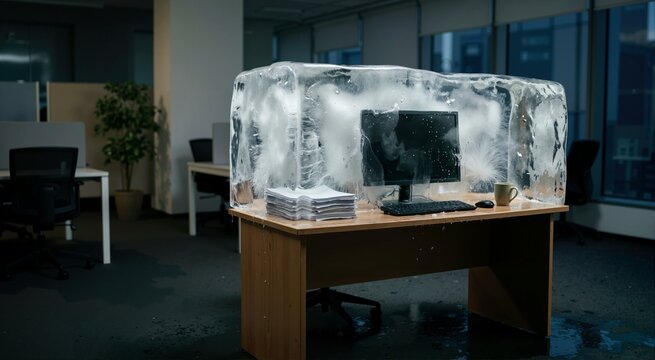 Empty office desk encased in a clear block of melting ice. Work stress and burnout metaphor concept