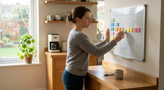 Woman planning daily schedule with colorful magnets on whiteboard. Visual routine organization and task management at home