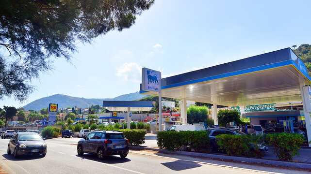 Cefalu, Italy. 21 August 2026. Enilive petrol station in Sicily.