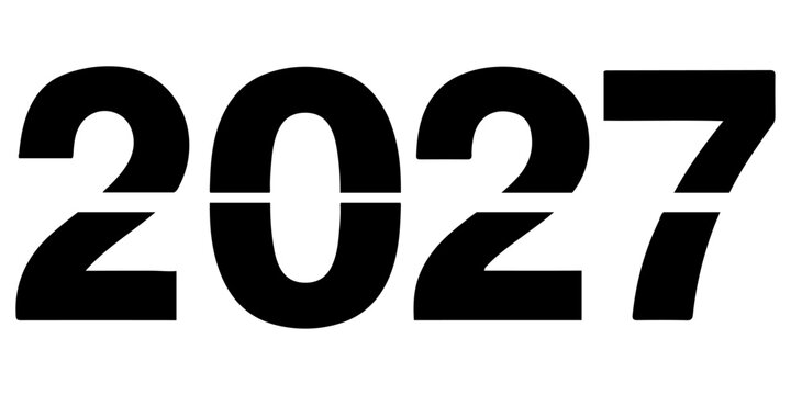 Stylized black 2027 year number with vinyl record style zero and dynamic motion lines on future concept. 