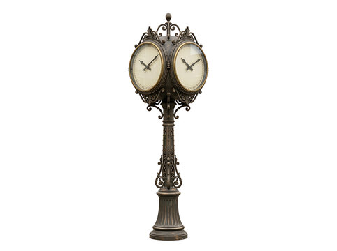 Vintage street clock with two faces isolated on transparent background
