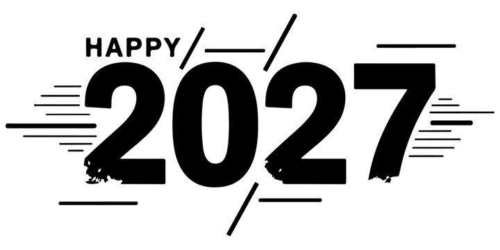 Stylized black 2027 year number with vinyl record style zero and dynamic motion lines on future concept. 