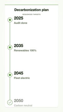 Lime green and white decarbonization plan timeline animation, flat design ESG report motion graphic, vertical 9:16