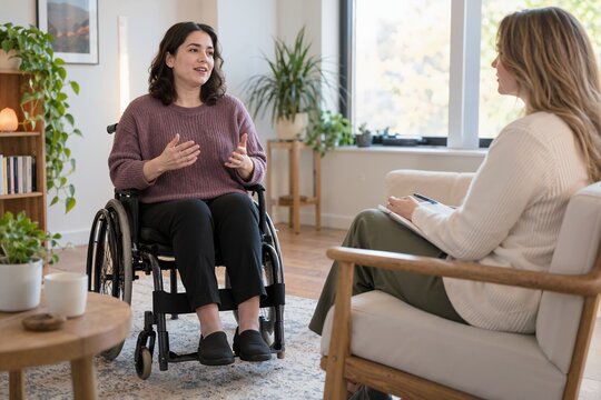 Young woman in a wheelchair practicing assertive boundaries in therapy. Mental health support session