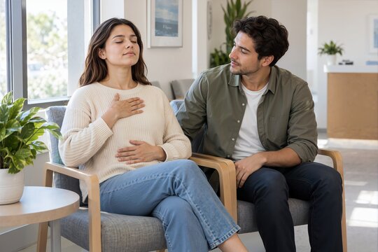 Woman using breathing technique in a dental waiting room. Managing dental anxiety with partner support
